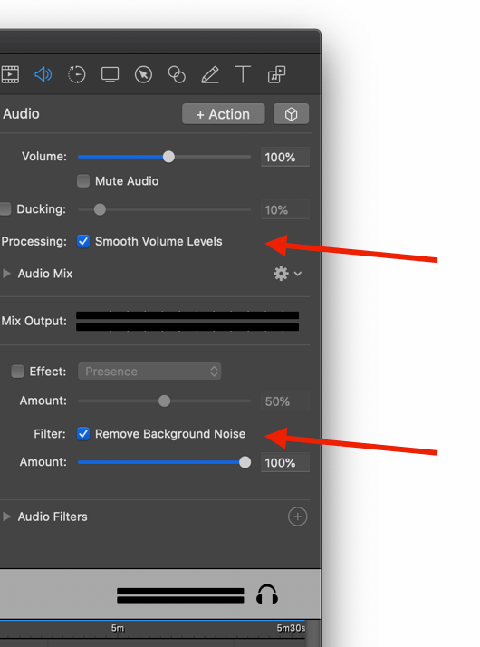 Screenflow options to smooth volume levels and remove background noise